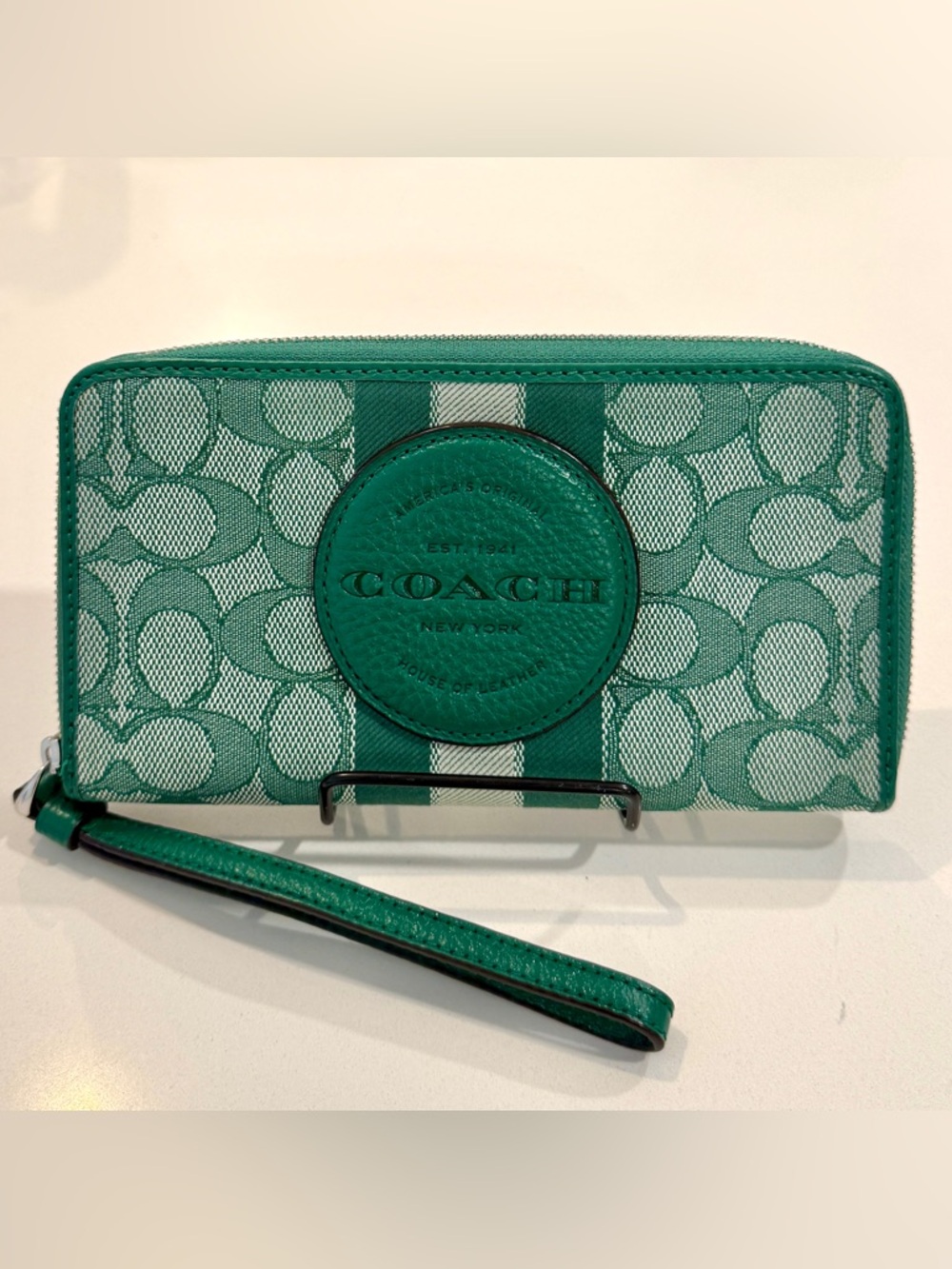 Coach Green Signature Wristlet with Stripe Detail